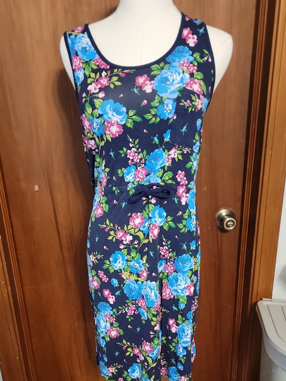 Sleeveless Navy Floral Tie-Waist Dress